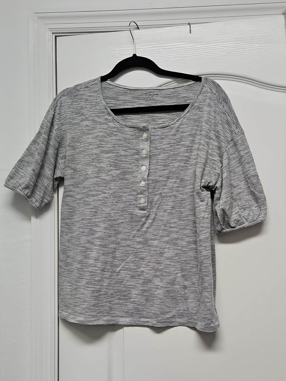 LOFT Charcoal Gray & White Striped Henley Short Sleeve Top